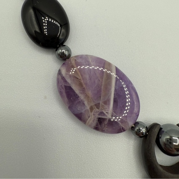 Unique Genuine Amethyst and Tourmaline Stone Beaded Tribal Pendant Necklace - Picture 8 of 11